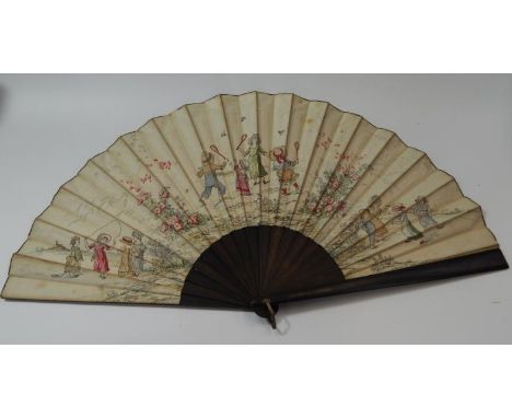 An early 20thC silk fan, printed in colour with Kate Greenaway style decoration of young children playing badminton, blind ma