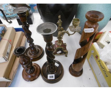 GILT CANDLESTICK, TWO BARLEY TWIST CANDLESTICKS PLUS OTHER