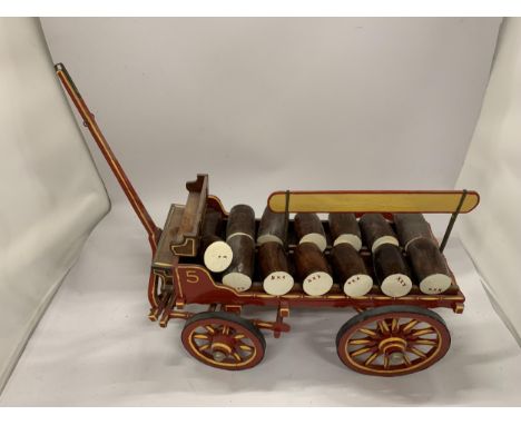 A VINTAGE PAINTED WOODEN ROMANY BARREL CART, LENGTH 65CM 
