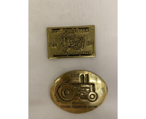 TWO SMALL BRASS PLAQUES - 50TH ASTLE PARK TRACTION ENGINE RALLY AND 2015 ROMILY YOUNG FARMERS SHOW 