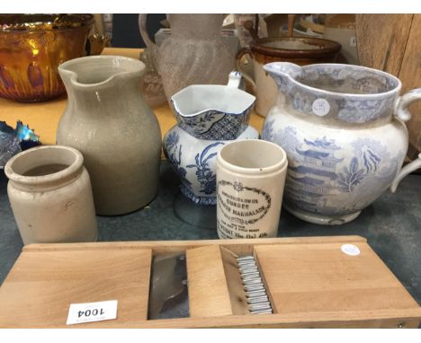 TWO BLUE AND WHITE VINTAGE JUGS - 1 A/F, THREE STONEWARE ITEMS PLUS A WOODEN KITCHEN MANDOLIN 