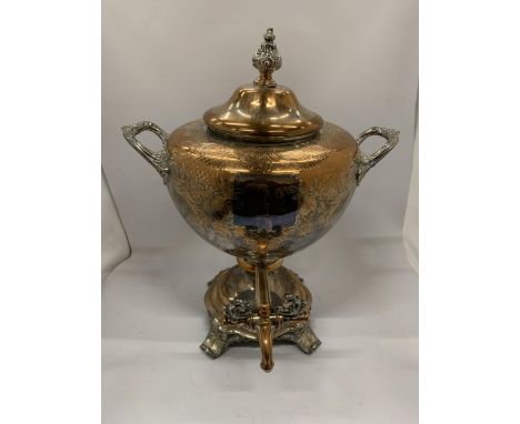 A VINTAGE SILVER PLATED ON COPPER TWIN HANDLED SAMOVAR, HEIGHT 44CM 