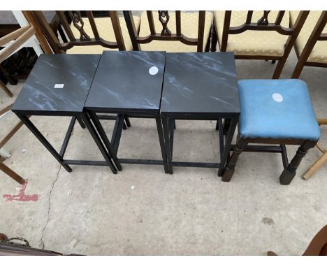 THREE METAL FRAMED LAMP TABLES, 13.5 X 12" AND A STOOL 