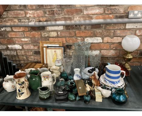 A VERY LARGE MIXED LOT TO INCLUDE CERAMIC JUGS, ROYAL DOULTON SPANIELS, PLATES, VASE, FIGURES, ETC PLUS GLASS VASES, A BRASS 