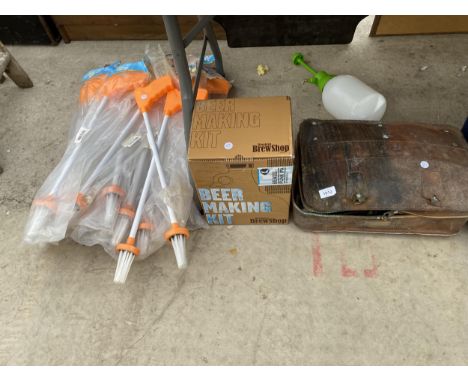 AN ASSORTMENT OF ITEMS TO INCLUDE A BEER MAKING KIT, TOOLS AND CRITTER CATCHERS ETC 