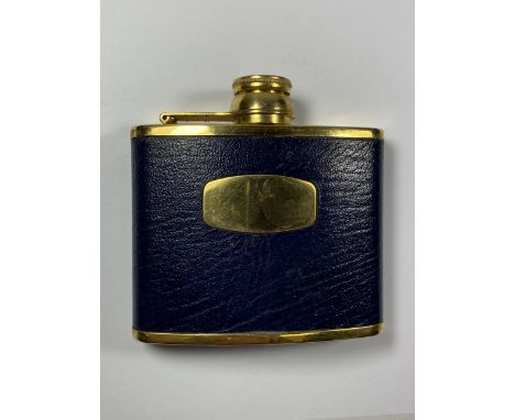 A VINTAGE GOLD PLATED AND BLUE LEATHER HIP FLASK 