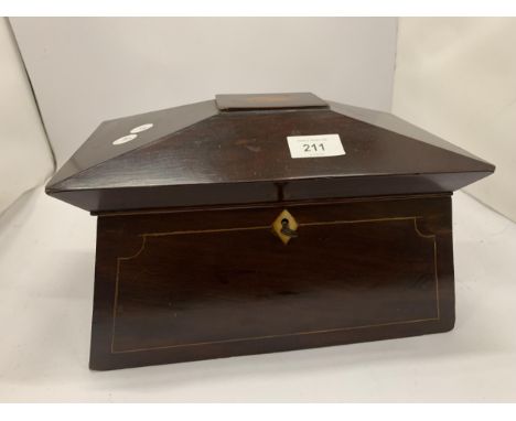 AN INLAID MAHOGANY TEA CADDY WITH THREE COMPARTMENTS 