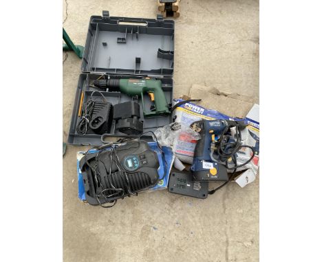 AN ASSORTMENT OF POWER TOOLS TO INCLUDE A BOSCH BATTERY DRILL AND A POWER CRAFT BATTERY DRILL ETC 
