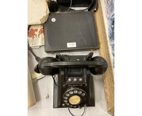 A VINTAGE TELEPHONE WITH EXTENSION BUTTONS PLUS A CASED VINTAGE KNIFE AND FORK SET 