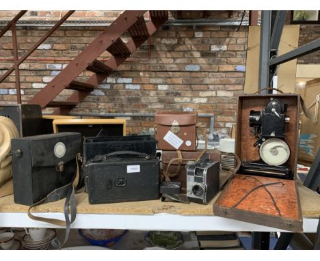 A PAIR OF VINTAGE AICO BINOCULARS, CASED, A 9.5 POTTESCOPE PROJECTOR IN BOX, A CINE/KODAK MODEL B IN CASE PLUS A ZEISS IKON C