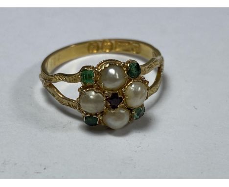 A 15CT YELLOW GOLD LADIES PEARL, CITRINE AND RUBY FLORAL CLUSTER RING, WEIGHT 1.84G 