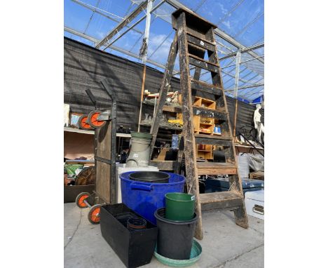 AN ASSORTMENT OF ITEMS TO INCLUDE A SEVEN RUNG WOODEN STEP LADDER, PLANT POTS AND A GALVANISED COAL SKUTTLE ETC 