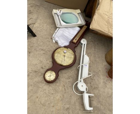 A WOODEN CASED BAROMETER AND AN ANGLE POISE STYLE MAGNIFIER LAMP 
