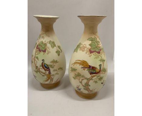 A PAIR OF VINTAGE CROWN DUCAL BALUSTER VASES IN BLUSH IVORY WITHA BIRD DESIGN HEIGHT 31.5CM 