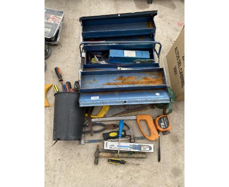A METAL TOOL BOX CONTAINING AN ASSORTMENT OF TOOLS TO INCLUDE AN OIL CAN, HAMMERS AND PLIERS ETC 