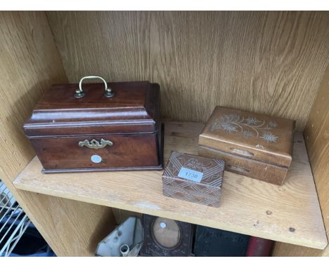 TWO WOODEN BOXES AND A MAHOGANY TEA CADDY 