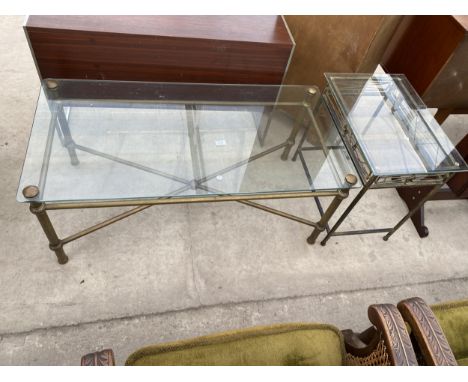 A GLASS TOP COFFEE TABLE ON METAL WARE BASE, 44 X 22" AND A SIMILAR LAMP TABLE