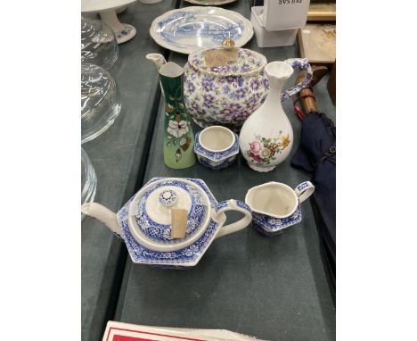 AN ARTHUR WOOD TEEAPOT, JAMES SADLER TEAPOT, CREAM JUG AND SUGAR BOWL PLUS TWO BUD VASES 