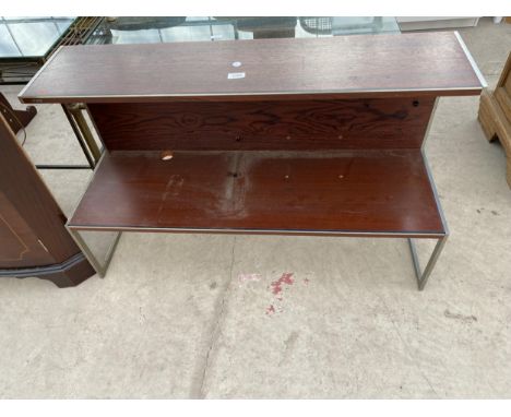 A BANG &amp; OLUFSEN (DENMARK) TWO TIER HARDWOOD STAND ON POLISHED ALLOY FRAMEWORK 