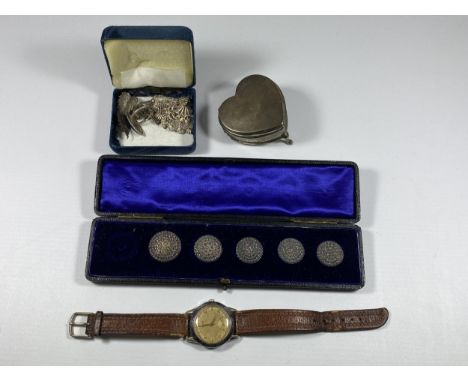 A MIXED LOT TO INCLUDE A HALLMARKED SILVER HEART TRINKET BOX, (A/F), VINTAGE TISSOT WATCH ETC 