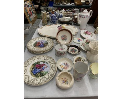A QUANTITY OF CERAMIC AND CHINA ITEMS TO INCLUDE PLATES, SOUP COUPES, A COFFEE POT, CUP AND SAUCER, TRINKET DISH, PIN TRAYS, 