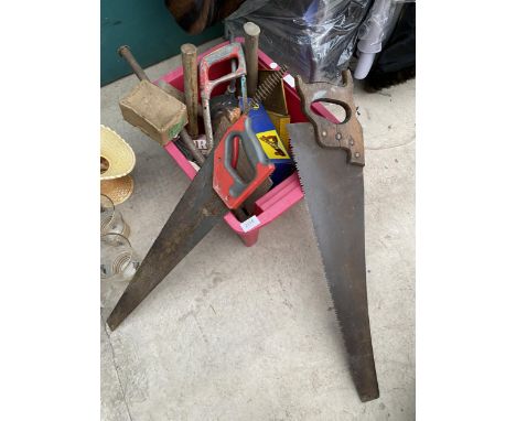 AN ASSORTMENT OF ITEMS TO INCLUDE GLASS VASES AND CERAMIC JUGS  AND HAND TOOLS ETC 