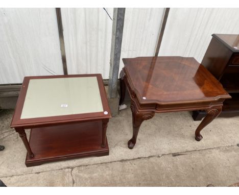 A 'LEGATE' LAMP TABLE WITH GLASS INSET TOP AND FURTHER LAMP TABLE ON CABRIOLE LEGS 