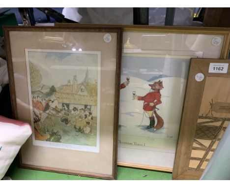 A FRAMED PHOTOGRAPHIC IMAGE OF A GREYHOUND, A MARQUETRY PICTURE AND TWO COMICAL HUNTING PRINTS 