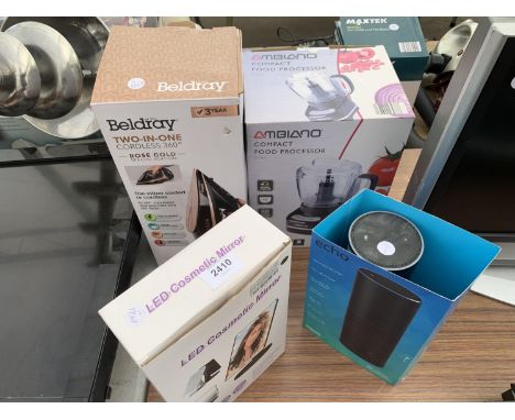 AN ASSORTMENT OF ITEMS TO INCLUDE AN ECHO SPEAKER AND A FOOD PROCESSOR ETC 
