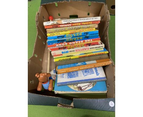 A LARGE COLLECTION OF VINTAGE BOOKS AND A PUSH ALONG TOYS 