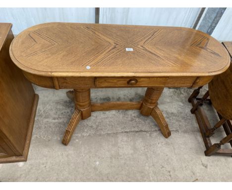 AN OAK TWIN -PEDESTAL CONSOLE TABLES WITH SINGLE DRAWER, 48" WIDE 