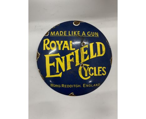A ROYAL ENFIELD CYCLES CIRCULAR ENAMEL SIGN, DIAMETER 30CM 