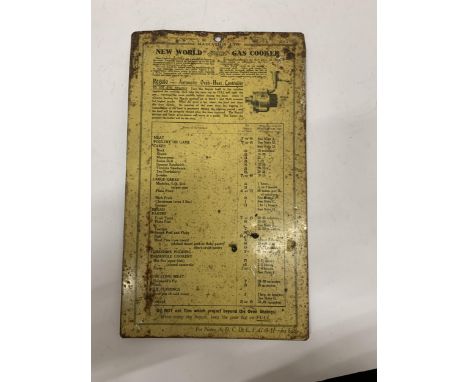A DOUBLE SIDED ENAMEL SIGN BY 'NEW WORLD GAS COOKER' 18CM X 30CM 