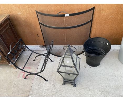 AN ASSORTMENT OF ITEMS TO INCLUDE A LANTERN, COAL BUCKET AND LOG STAND ETC 