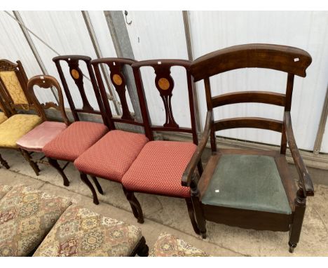 THREE EDWARDIAN MAHOGANY AND INLAID PARLOUR CHAIRS, VICTORIAN BEDROOM CHAIR AND COMMODE CHAIR 
