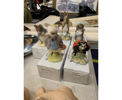 FIVE ROYAL ALBERT BEATRIX POTTER FIGURES TO INCLUDE MOTHER LADYBIRD, PIGLING BLAND, MISS MOPPET, FIERCE BAD RABBIT, GENTLEMAN