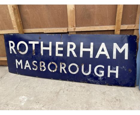 A VINTAGE ENAMEL RUNNING IN BOARD PLATFORM SIGN FOR ROTHERHAM MASBOROUGH. THIS WAS A LONDON MIDLAND REGION STATION THAT WAS T