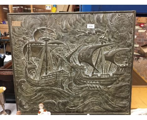 A LARGE VINTAGE BRASS WALL PLAQUE OF A GALLEON 67CM X 58CM PLUS THREE PHOTOGRAPHIC PRINTS 