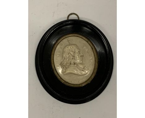 A CARVED BLAISE PASCAL FRENCH CAMEO PORTRAIT IN EBONY FRAME 
