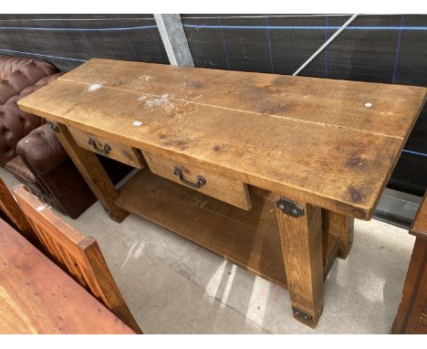 AN INDUSTRIAL LOOK KITCHEN SIDEBOARD/WORK BENCH WITH TWO DRAWERS AND METALWARE FITTING, 72" WIDE 