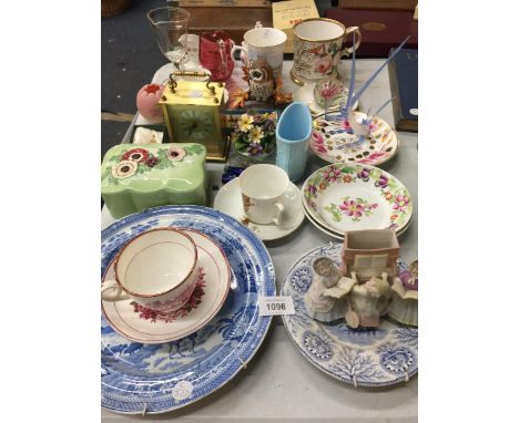 A LARGE MIXED LOT TO INCLUDE PLATES, BOWLS, CUPS, SAUCERS, GLASS, A CARRIAGE CLOCK, ETC 