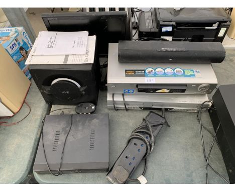 AN ASSORTMENT OF ELECTRICAL ITEMS TO INCLUDE A TEVION VHS/DVD PLAYER, JVC SPEAKER AND A SMALL TELEVISION ETC 