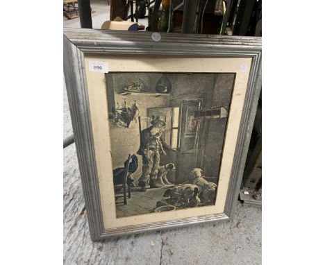 A SILVER PAINTED WOODEN FRAMED PRINT OF A HUNTING SCENE 