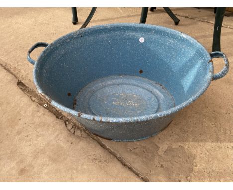 A SMALL BLUE ENAMEL BATH 