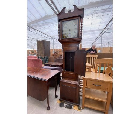 A 19TH CENTURY OAK AND CROSSBANDED THIRTY HOUR LONGCASE CLOCK WITH PAINTED ENAMEL DIAL 