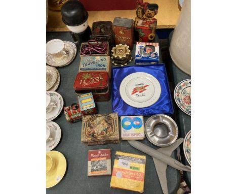A MIXED LOT TO INCLUDE VINTAGE TINS, A TRAVEL IRON, A BOXED BRITISH AEROSPACE GOLDEN ANNIVERSARY PLATE, TRINKET BOX, ETC 