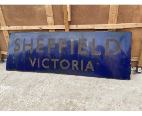 A VINTAGE ENAMEL RUNNING IN BOARD PLATFORM SIGN FOR SHEFFIELD VICTORIA. THIS SIGN DATES BACK TO THE NATIONALISATION OF RAILWA