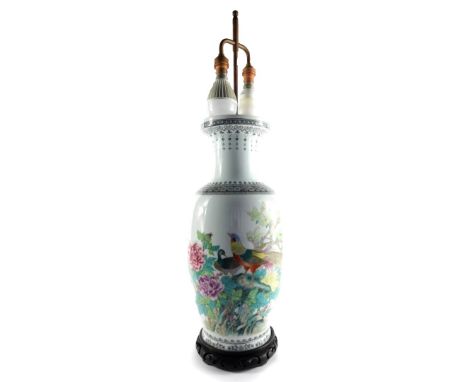 A Chinese Republic famille rose porcelain vase converted to a table lamp, of shouldered ovoid form, decorated with pheasants 