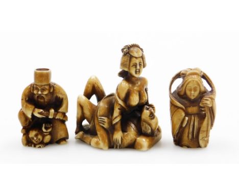 Two resin netsuke figures, and an erotic figure group. (3)