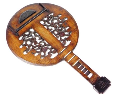 A wall decoration of a banjo, the body with floral and scroll fret carving and set with imitation ivory panels, with Chinese 